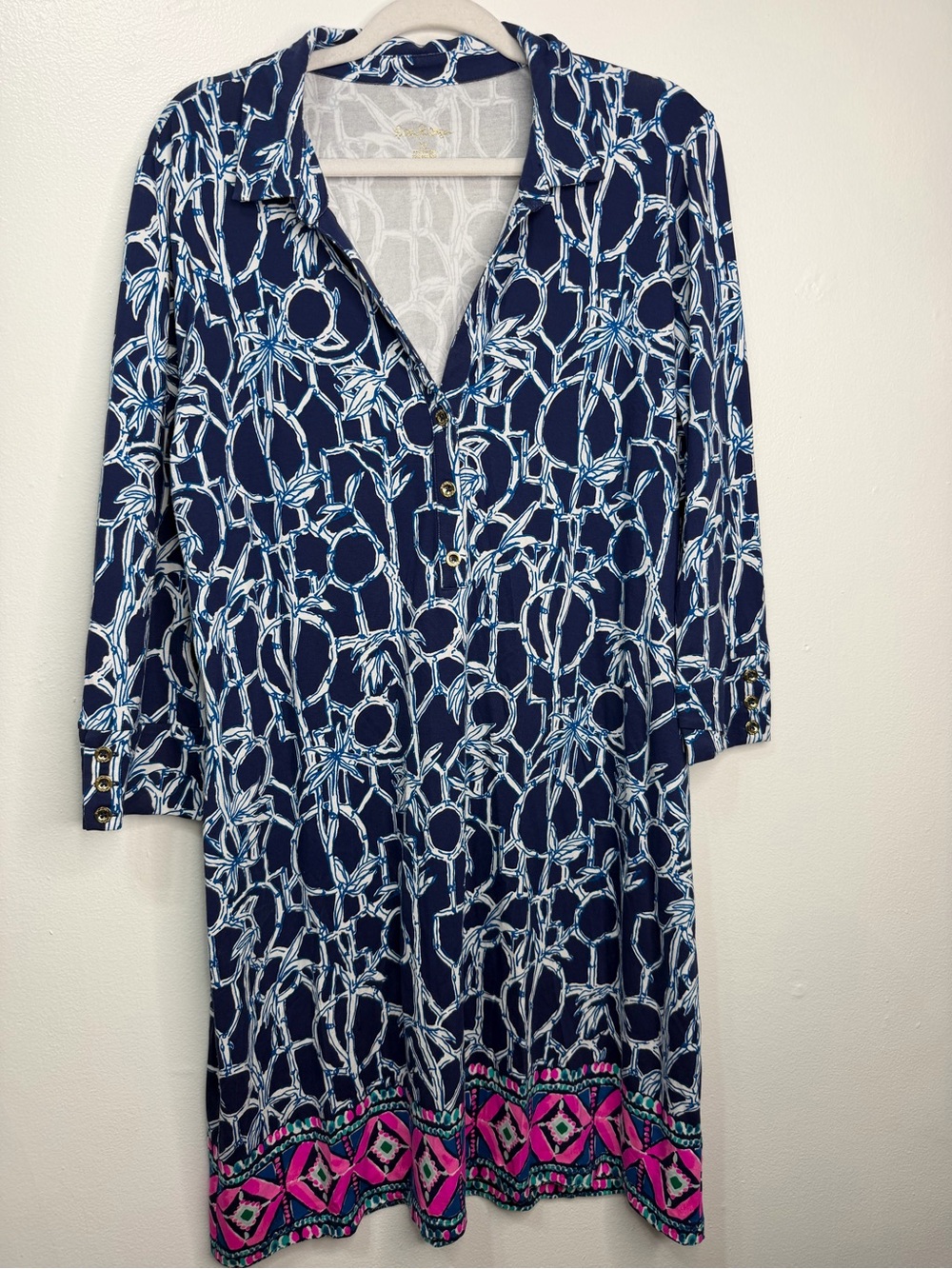 LILLY PUTLIZER Navy Chain-Print Shirt Dress with Pink Border